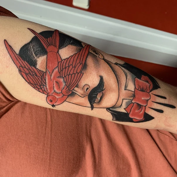 Neo-traditional Bird, Portrait tattoo on Forearm