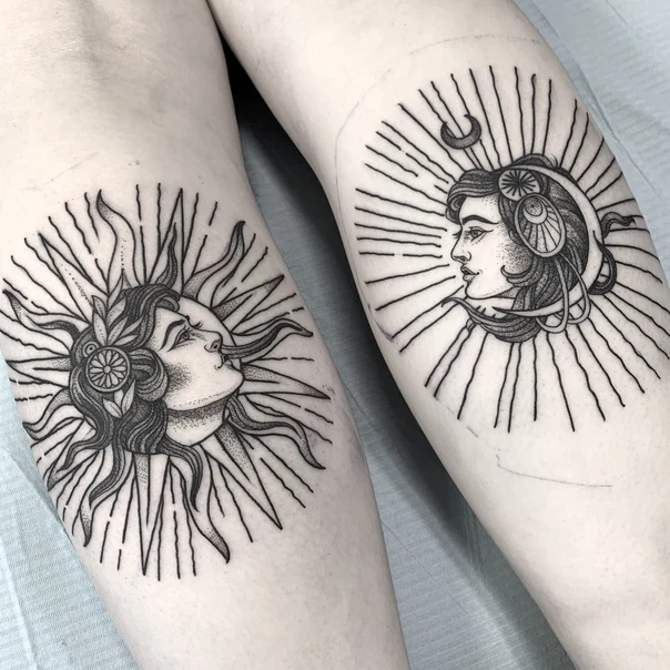 Linework Sun, Moon tattoo on Thigh