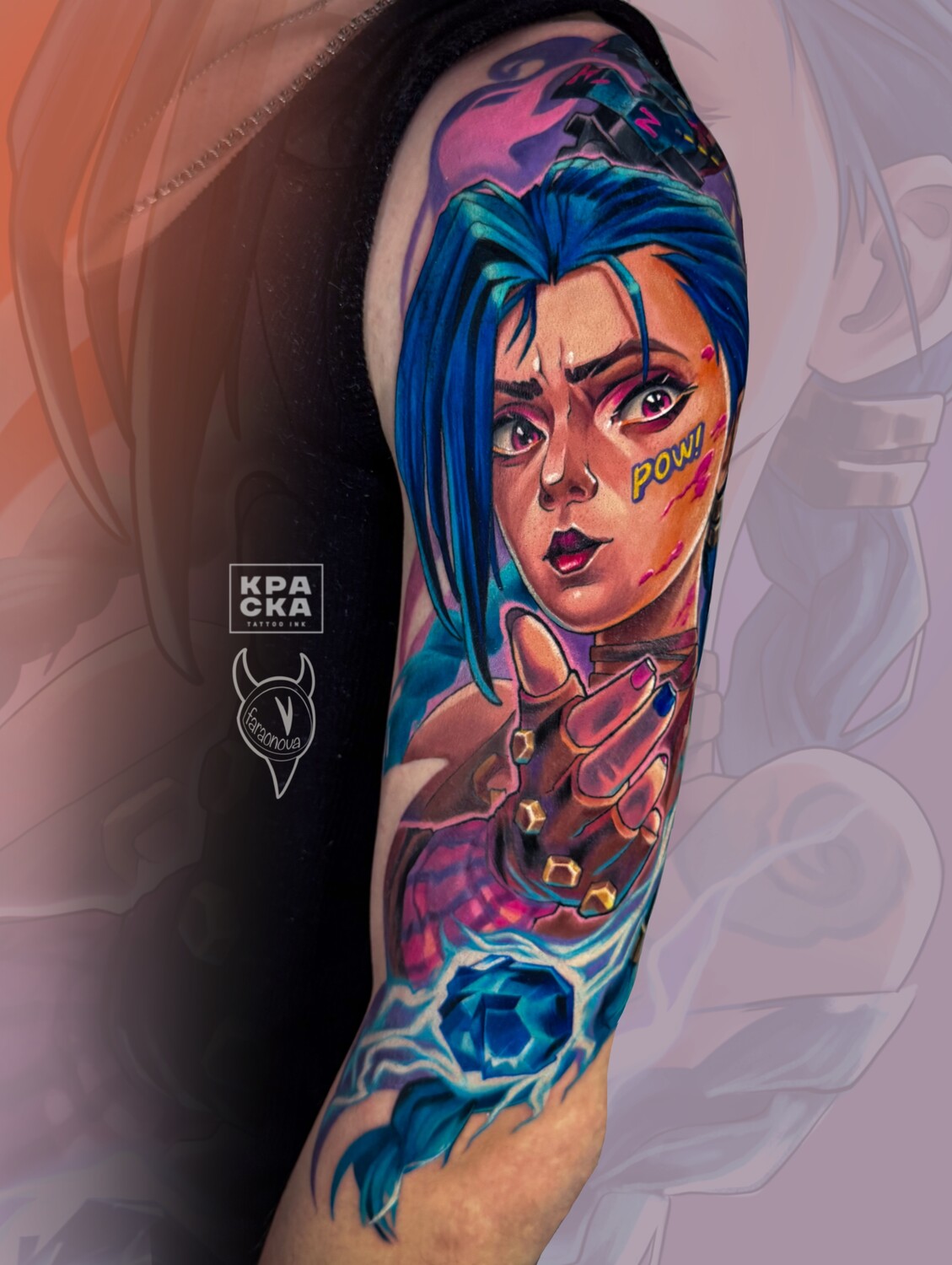 Anime Character, Gemstone tattoo on Full Sleeve