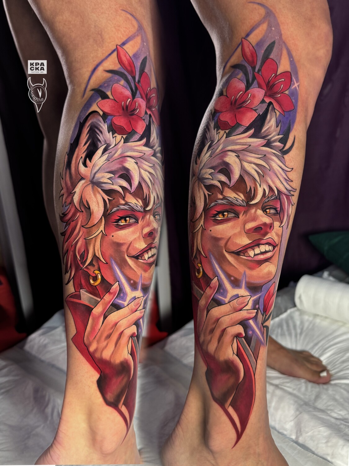 Illustrative Portrait, Flowers tattoo on Calf
