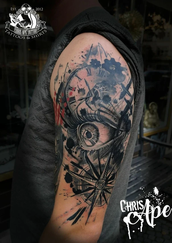 Trash Polka Eye, Compass tattoo on Full Sleeve