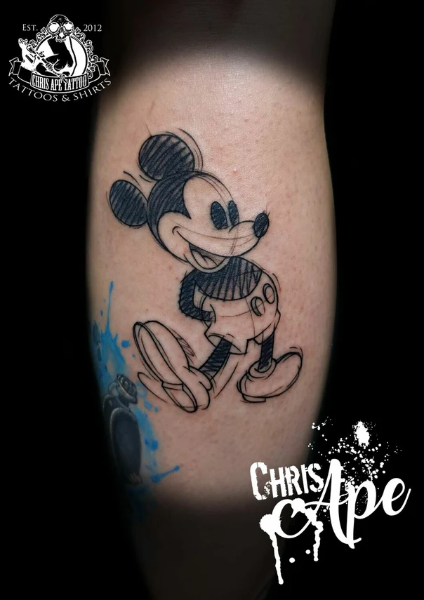 Sketch Mickey mouse tattoo on Calf