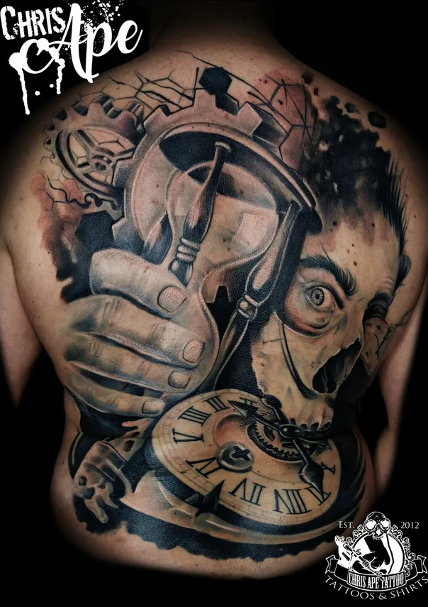 Realism Skull, Clock tattoo on Full Back