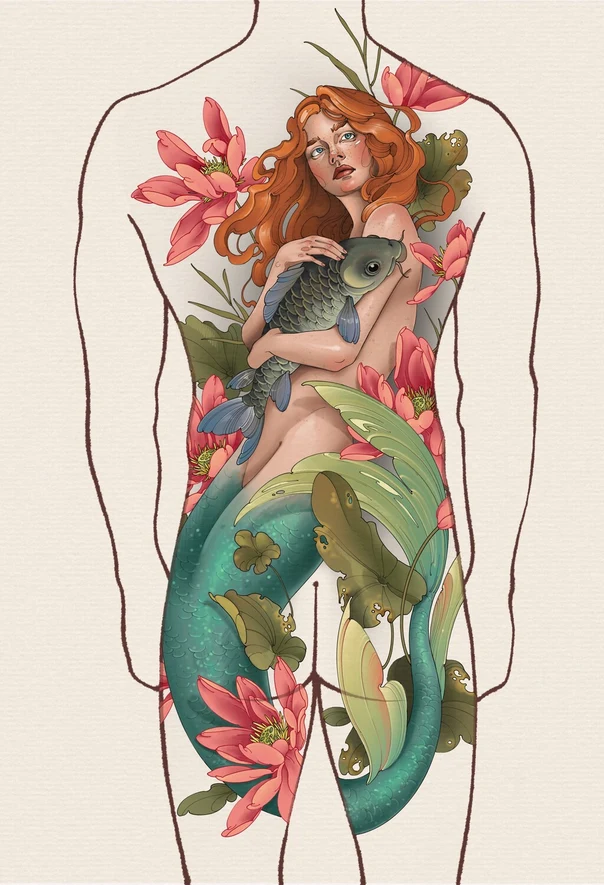 Иллюстративная Mermaid, Fish tattoo на Спина (полная)