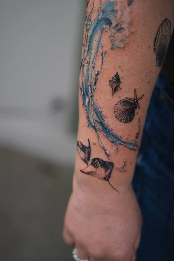 Illustrative Ocean, Sea life tattoo on Forearm