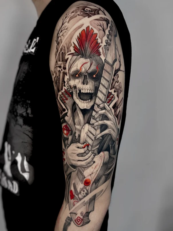 Чёрно-серая Skull, Guitar tattoo на Плечо