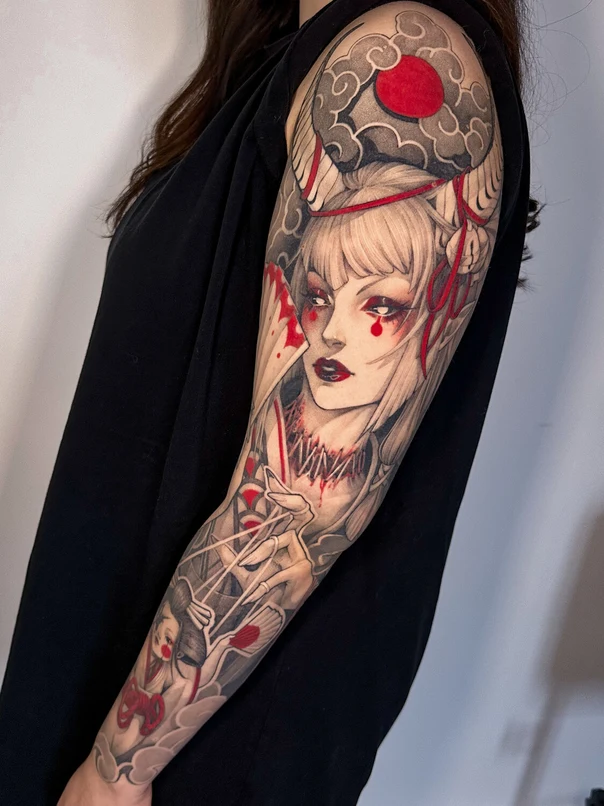 Иллюстративная Geisha, Clouds tattoo на Полный рукав