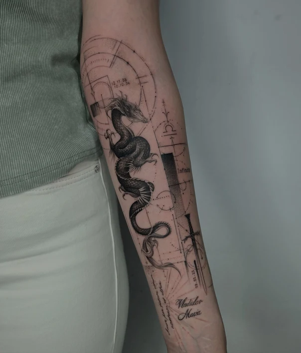 Лайнворк Dragon, Geometric tattoo на Предплечье