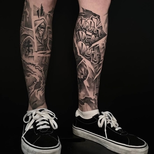 женская Черная Авторская татуировка на голени #96320 | Тату мастер BACKSTAGE TATTOO