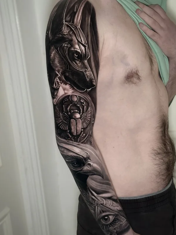 male black and grey realism татуировка на full sleeve #96471 | Тату мастер Andy  Ramos
