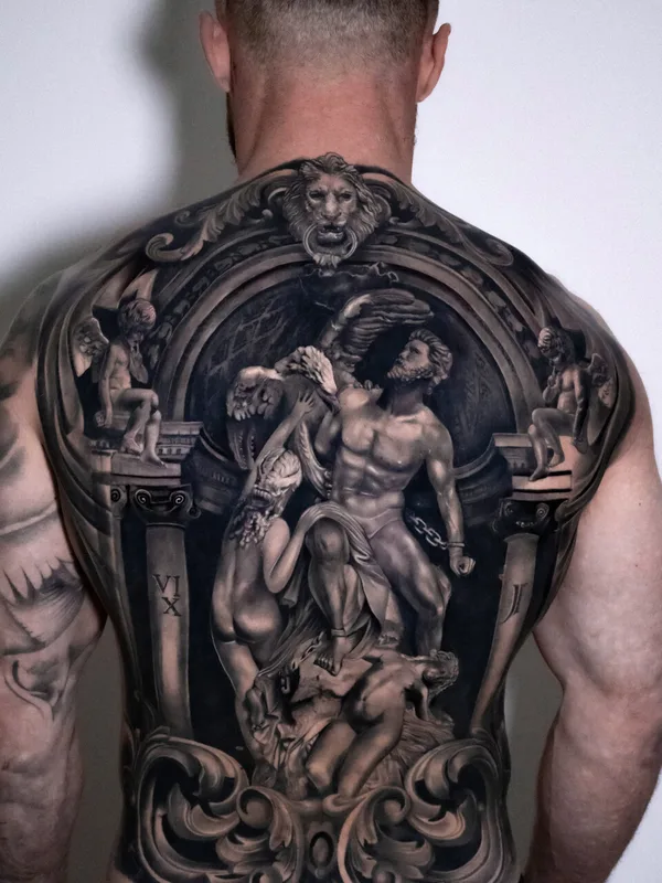 male black and grey realism татуировка на full back #96472 | Тату мастер Andy  Ramos