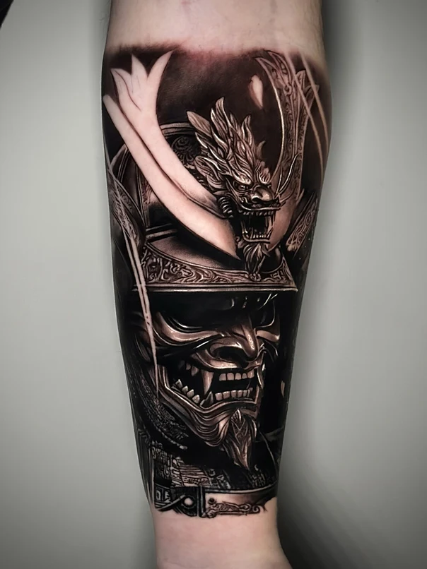 Black & Grey Dragon, Oni mask tattoo on Forearm