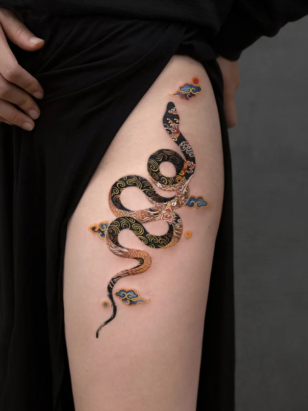 Japanese Snake, Clouds tattoo on Thigh