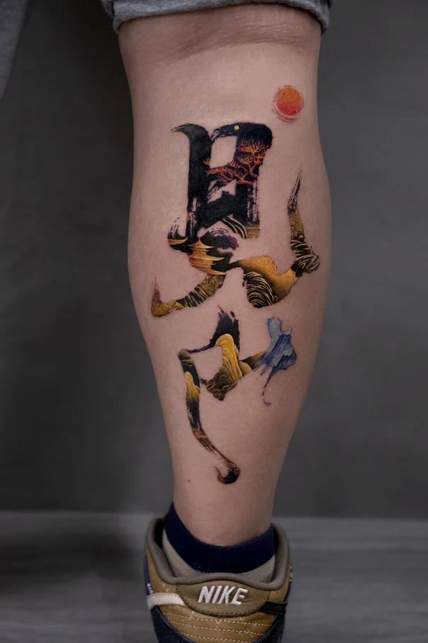 Japanese Calligraphy, Landscape tattoo on Calf
