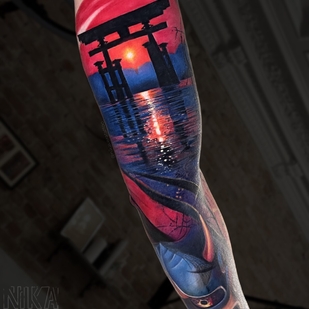 Цветная  татуировка на рукаве #97019 | Тату мастер Nikaveratattoo