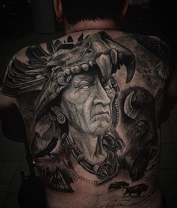 Реализм Native american, Skull tattoo на Спина (полная)