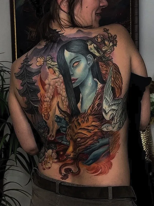 female color japanese Tatuaggio su full back #97355 | Tatuatore Давид Степанян