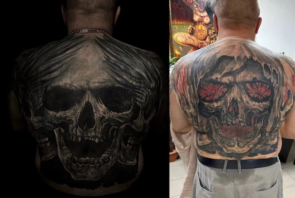 Чёрно-серая Skull tattoo на Спина (полная)