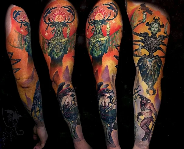 Иллюстративная Deer, Angel tattoo на Полный рукав