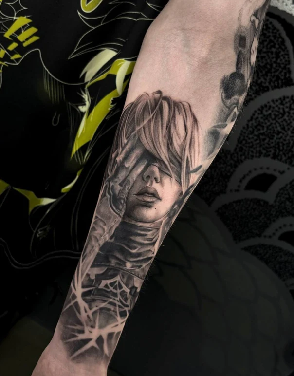 Realism Portrait, Spiderweb tattoo on Forearm