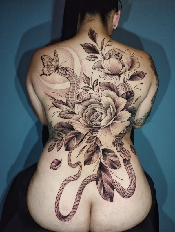 Black & Grey Snake, Butterfly tattoo on Full Back