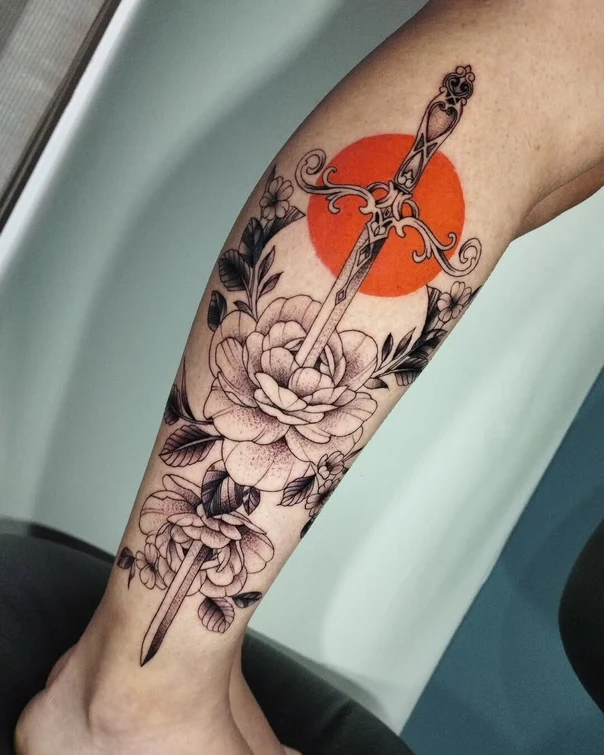 Illustrative Sword, Flower tattoo on Calf