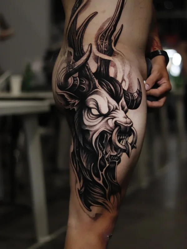 male black and grey black and grey tattoo auf thigh #128190 | Tätowierer Javier Camargo