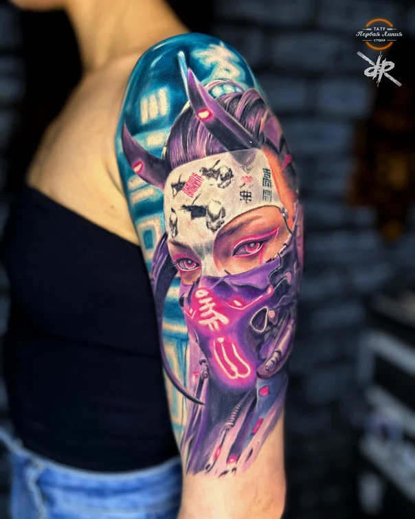 Cyber Geisha, Cyberpunk tattoo на Полный рукав
