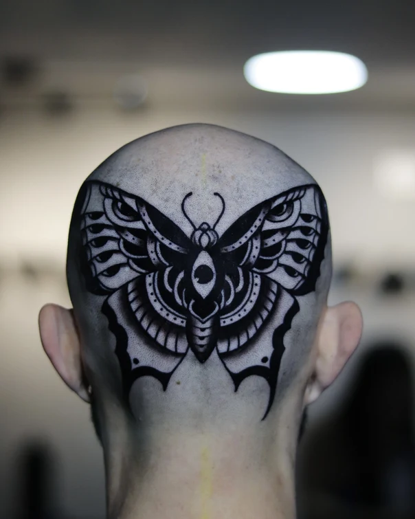 Blackwork Butterfly, Mandala tattoo on Back of neck