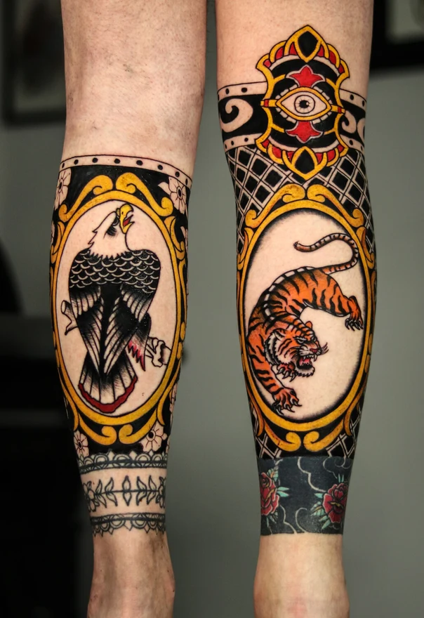 Neo-traditional Eagle, Tiger tattoo on Shin