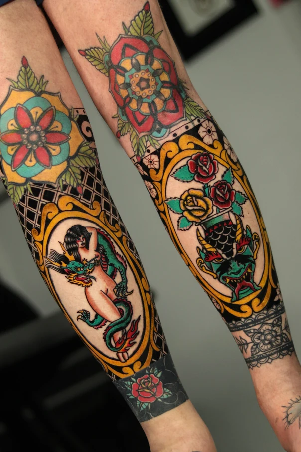 Neo-traditional Rose, Dragon tattoo on Forearm