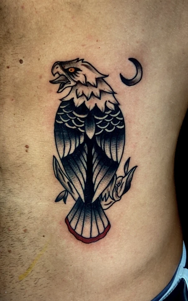 Traditional Eagle, Moon tattoo on Side