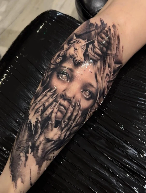 Realism Face, Unicorn tattoo on Forearm