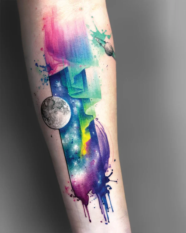 Watercolor Space, Moon tattoo on Forearm