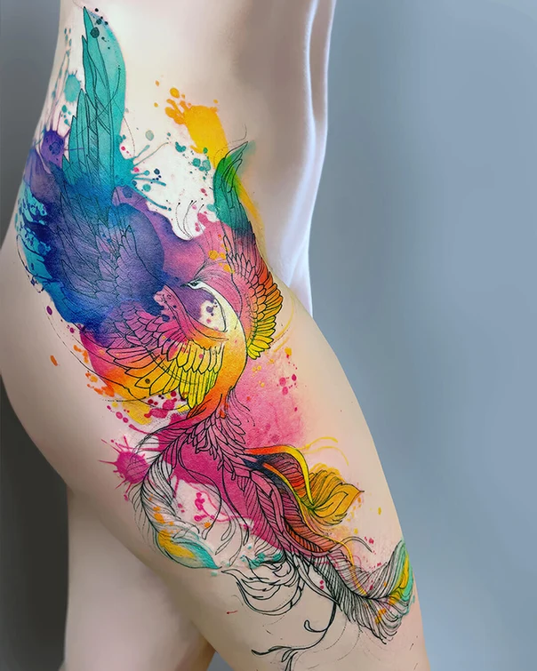 Watercolor Phoenix, Feathers tattoo on Thigh