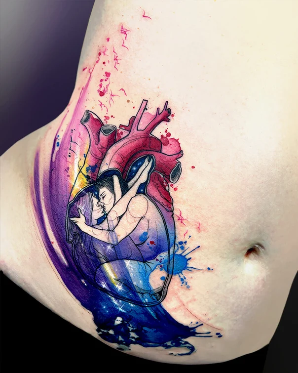 Illustrative Heart, Couple tattoo on Stomach