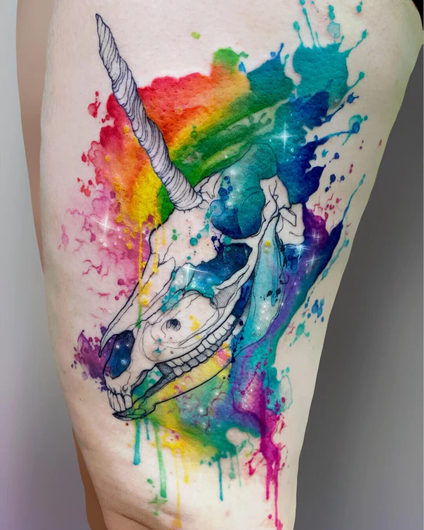 Watercolor Unicorn, Skull tattoo on Thigh