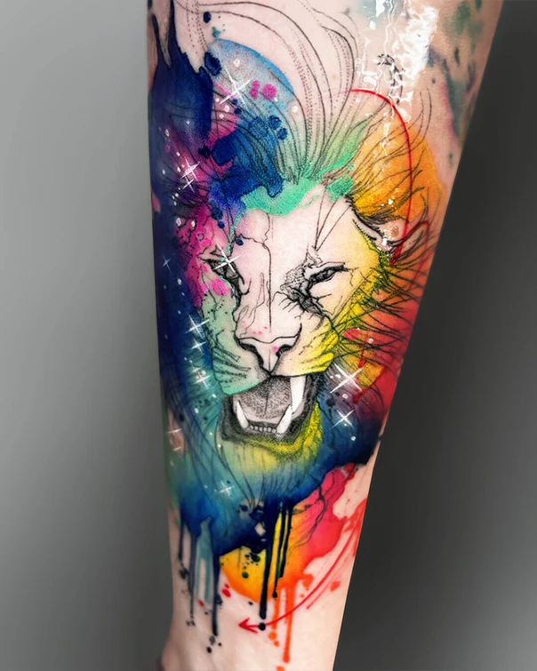 Watercolor Lion tattoo on Forearm