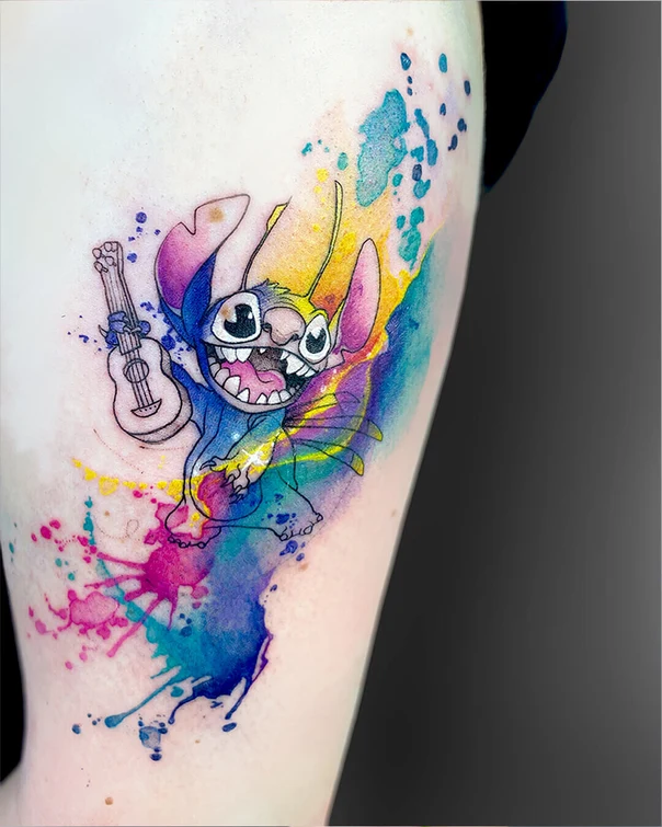 Watercolor Character, Guitar tattoo on Upper Arm