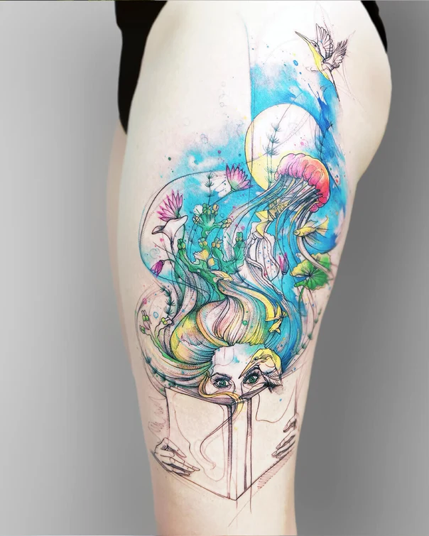 Watercolor Jellyfish, Woman tattoo on Thigh