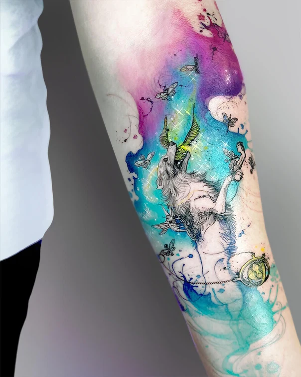 Watercolor Wolf, Butterflies tattoo on Forearm