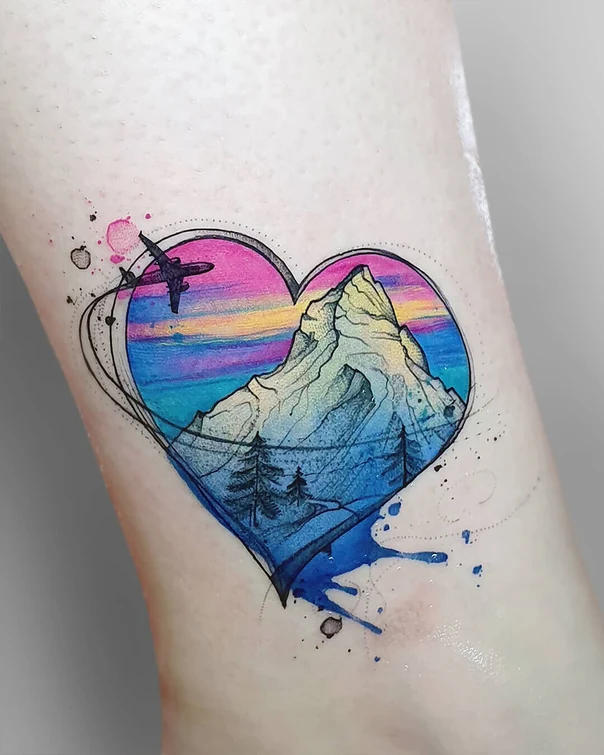 Watercolor Mountain, Heart tattoo on Ankle