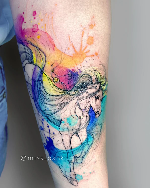 Watercolor Horse, Abstract tattoo on Forearm