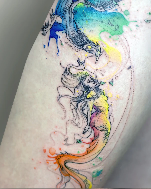Illustrative Mermaid, Dragon tattoo on Thigh