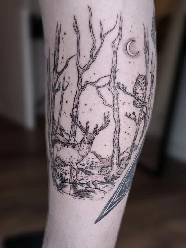 male blackandgrey fineline 纹身 在 calf #98643 | 纹身师 Becci | Eisvogel Tattoo