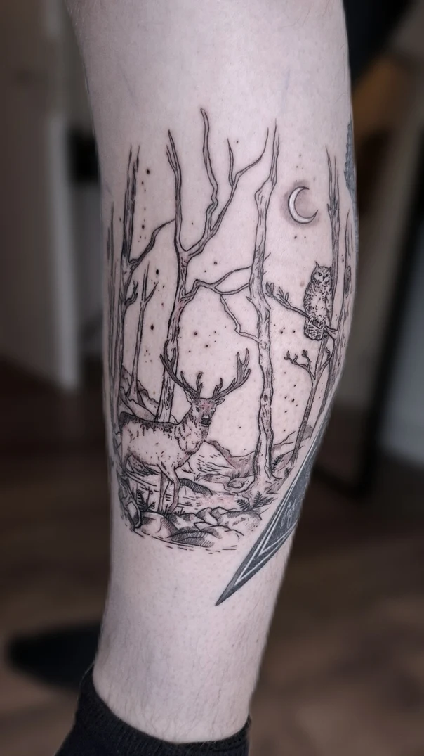 Linework Deer, Owl tattoo on Calf