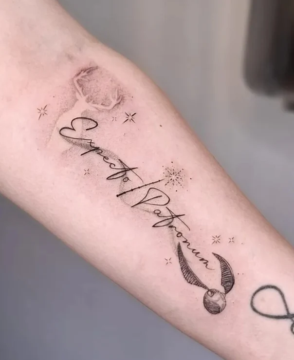 Fineline Deer, Lettering tattoo on Forearm