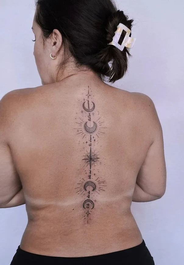 Fineline Moon, Star tattoo on Spine