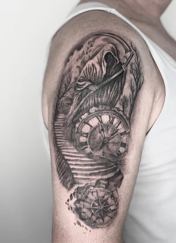 Black & Grey Grim reaper, Clock tattoo on Upper Arm