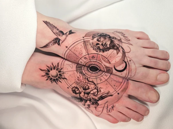 Fineline Zodiac, Angel tattoo on Foot